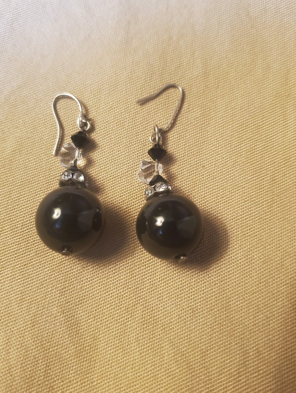 925 Sterling Silver Black Onyx Bead and Crystal Dangle Earrings 1.75 Inches